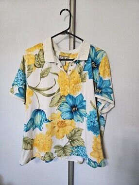 Caribbean Joe, Floral Polo Top - Yellow & Teal Flowers